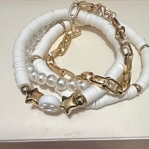 White and Gold Layered Bracelet Set - Women Jewelry